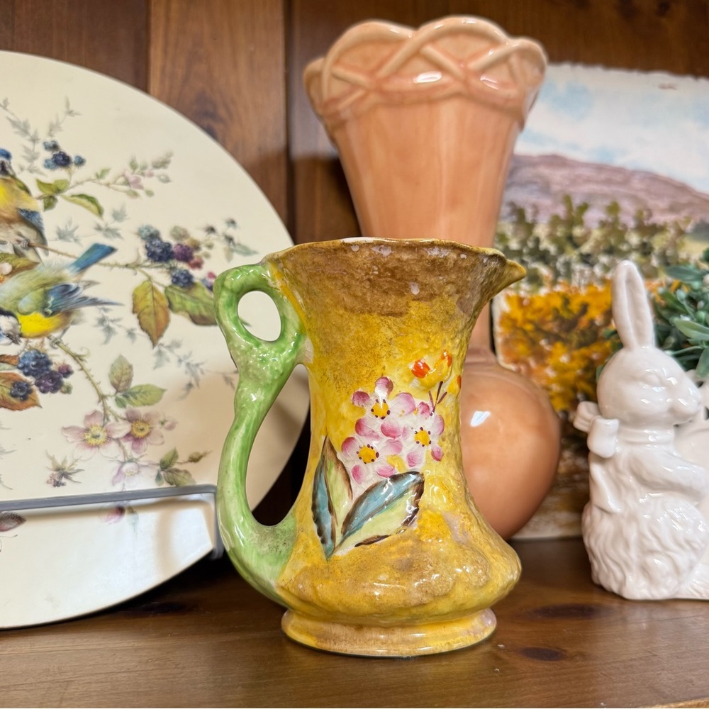 Hand-Painted Floral Ceramic Pitcher in Yellow and Green